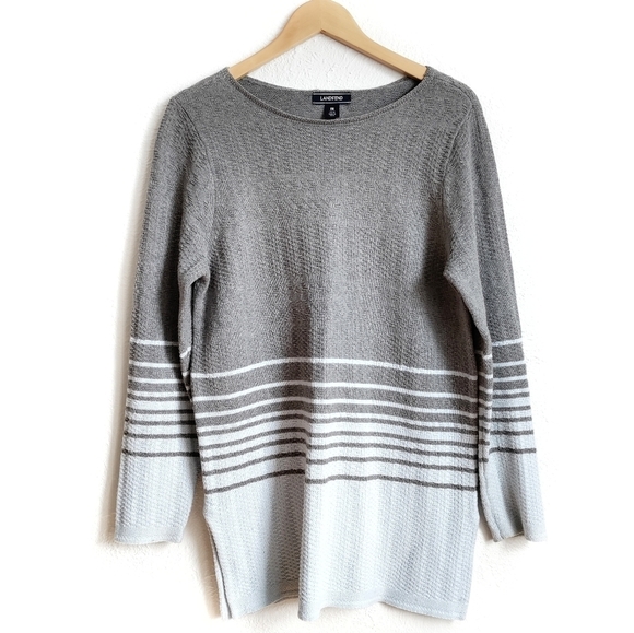 LANDS END Cotton Tunic Ombre Stripe Sky Blue Gray Long Boatneck Sweater 10-12 - Picture 1 of 11
